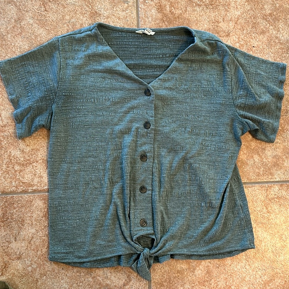 Weatherproof Teal Short Sleeve Button Front Tie Hem Top